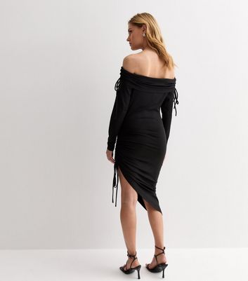 Cameo Rose Black Ruched Bardot Midi Dress | New Look