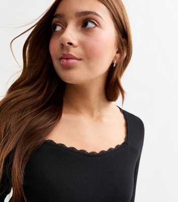 Girls Black Scoop Neck Ribbed Jersey Top