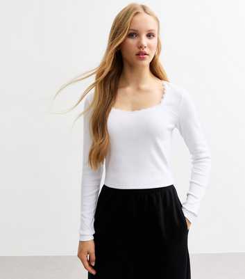 Girls White Scoop Neck Ribbed Jersey Top