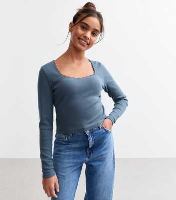 Girls Blue Scoop Neck Ribbed Jersey Top