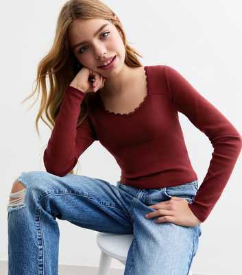 Girls Burgundy Scoop Neck Ribbed Jersey Top