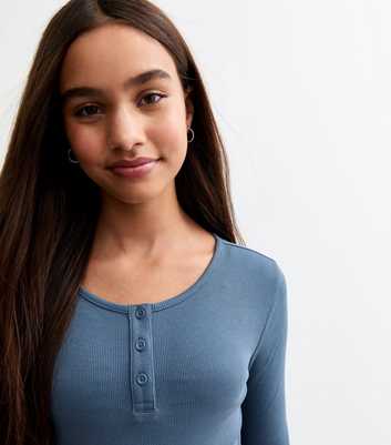 Girls Blue Rib Buttoned Cropped T-Shirt