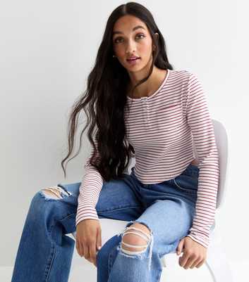 Girls Red Stripe Long Sleeve Ribbed Button Detail Top