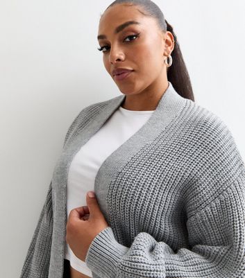 Curves Grey Balloon Sleeve Chunky Knit Cardigan New Look