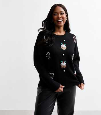 Curves Black Christmas Sequin Embellished Jumper