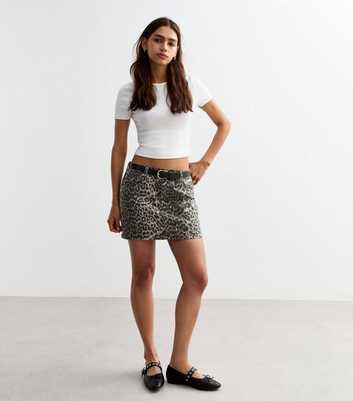 Brown Leopard Print Denim Mini Skirt 
