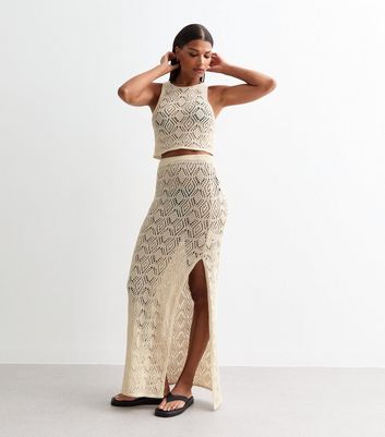 Cream Metallic Thread Crochet Beach Maxi Skirt