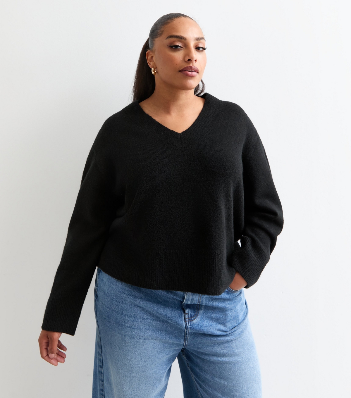 Women's Plus Size Black V-Neck Jumper Curves New Look