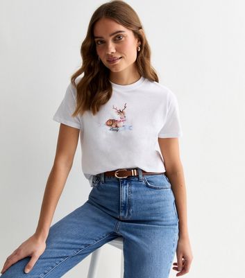 White Cotton Lovely Deer Print Girlfriend T-Shirt New Look