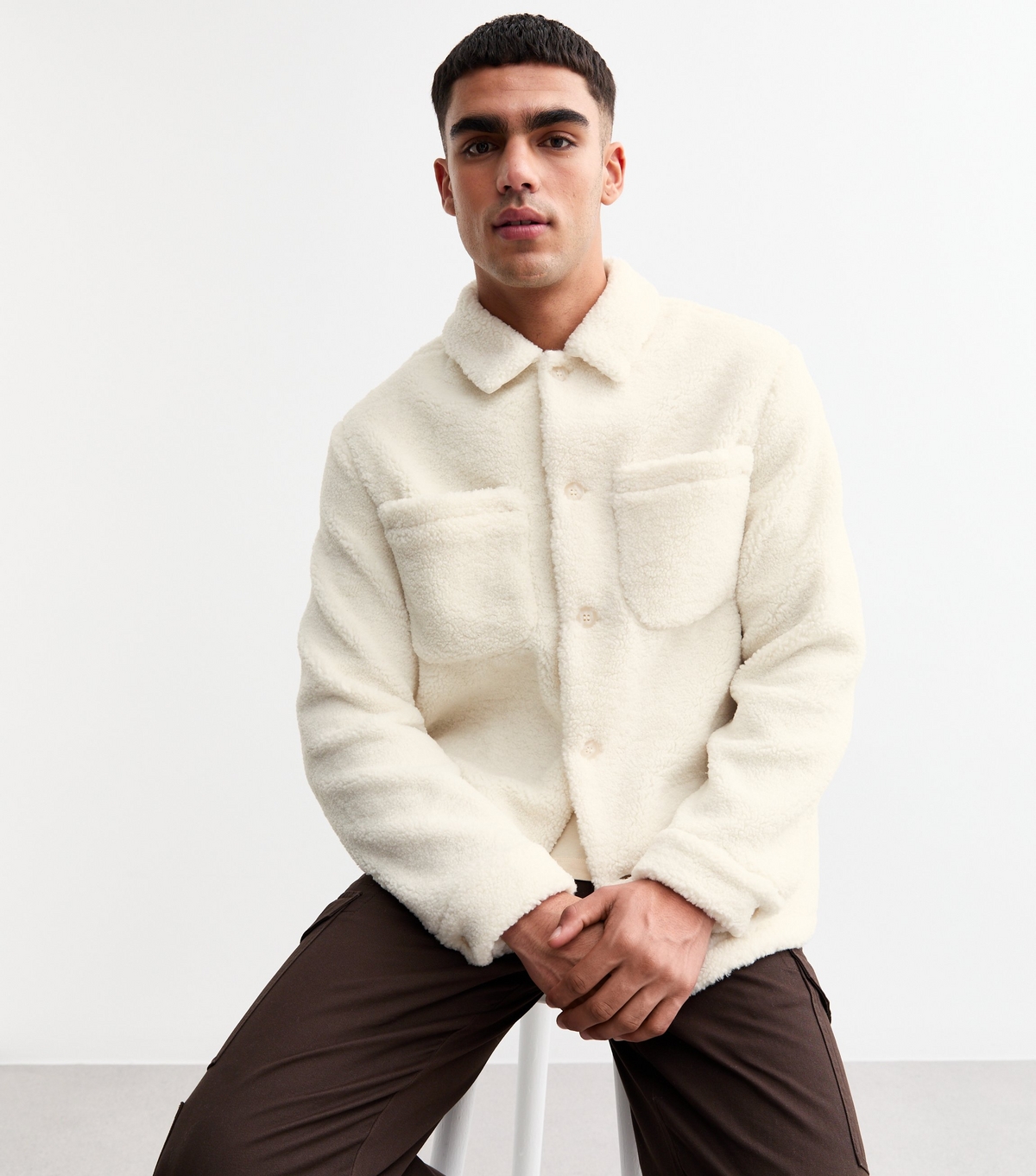 Men's Off White Regular Borg Jacket New Look