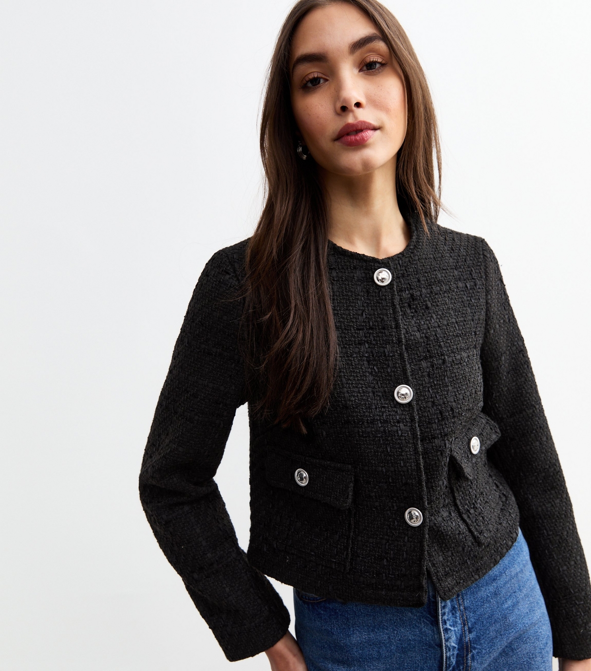 Women's Black Bouclé Crop Jacket New Look