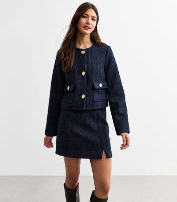 Navy Metallic Bouclé Crop Jacket