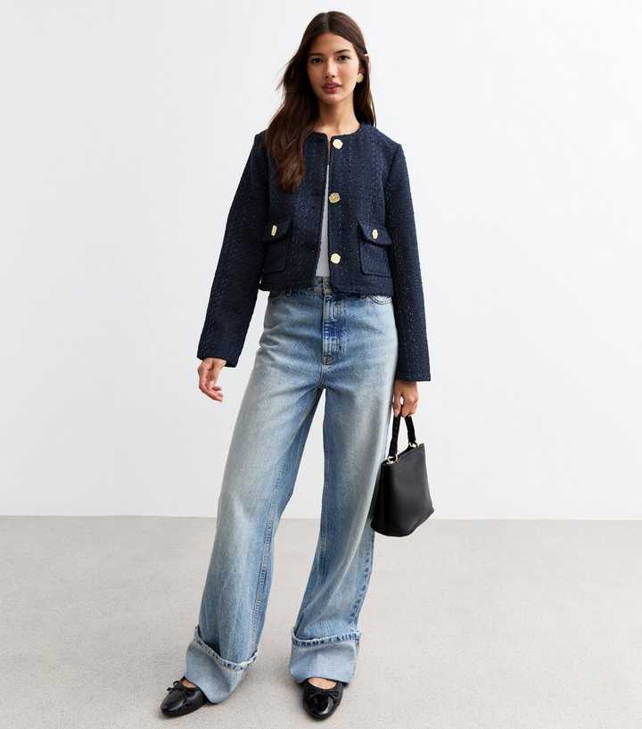 Navy Bouclé Crop Jacket