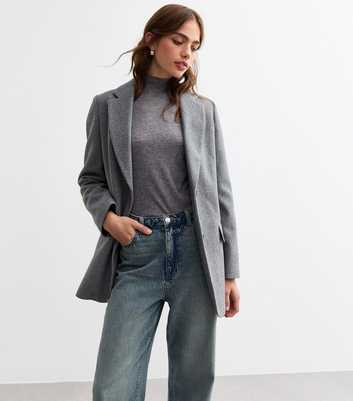 Grey Textured Single Breasted Oversized Blazer