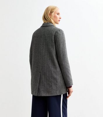 Grey Textured Herringbone Single Breasted Oversized Blazer