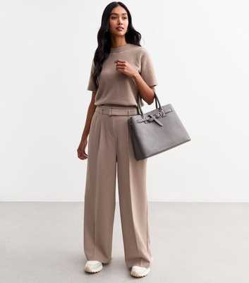 Mink Belted Tailored Wide Leg Trousers