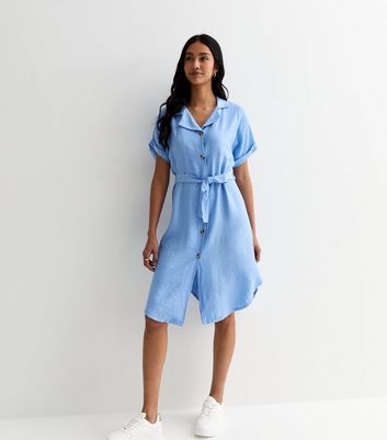 Gini London Pale Blue Short Sleeve Belted Midi Shirt Dress New Look