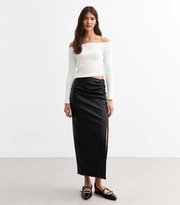 Black Ruched Leather-Look Midi Skirt