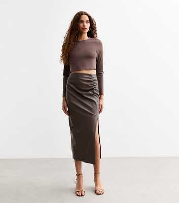 Mink Ruched Leather-Look Midi Skirt