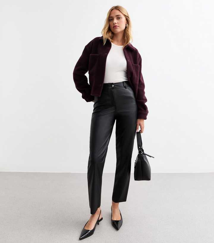 Black Raw Hem Faux Leather Trousers