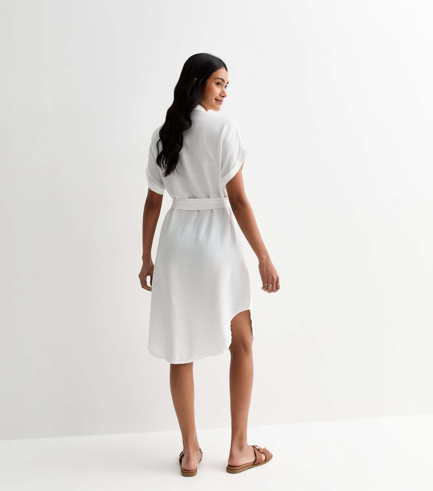 Gini London White Short Sleeve Belted Midi Shirt Dress Image 4