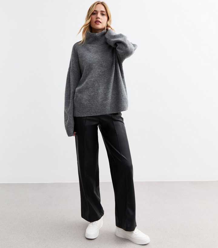 Black Faux Leather Pintuck Wide Leg Tailored Trousers