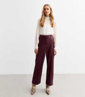 Burgundy Leather-Look Pintuck Wide Leg Tailored Trousers