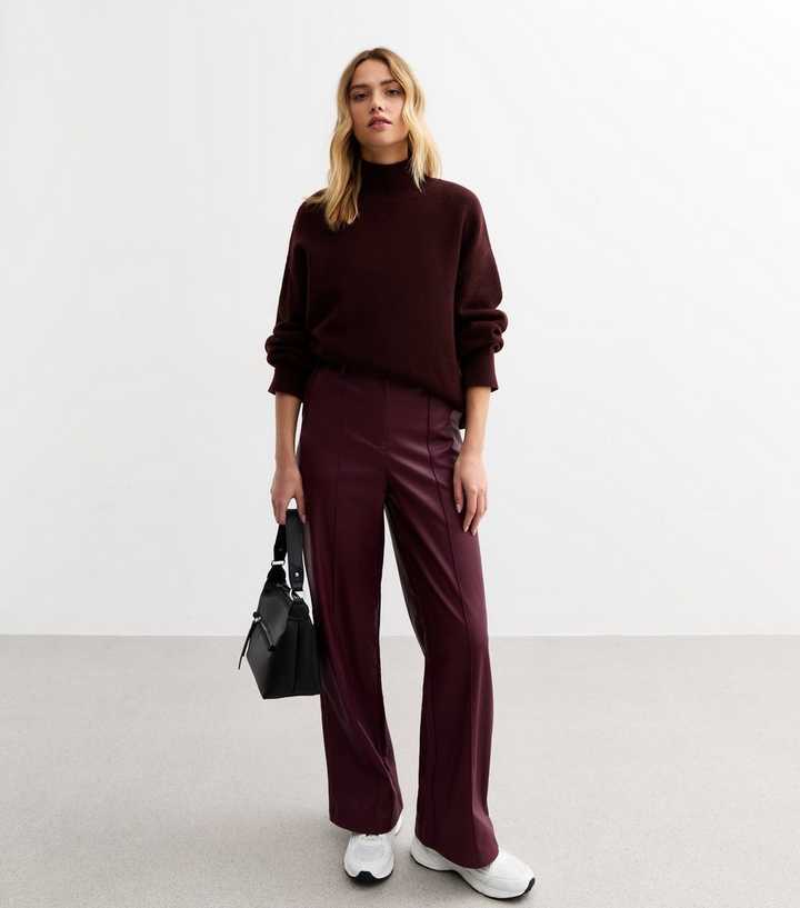 Burgundy Faux Leather Pintuck Wide Leg Tailored Trousers