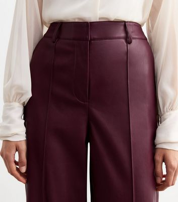 Burgundy Leather-Look Pintuck Wide Leg Tailored Trousers New Look