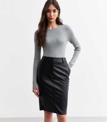 Black Knee Length Leather-Look Skirt