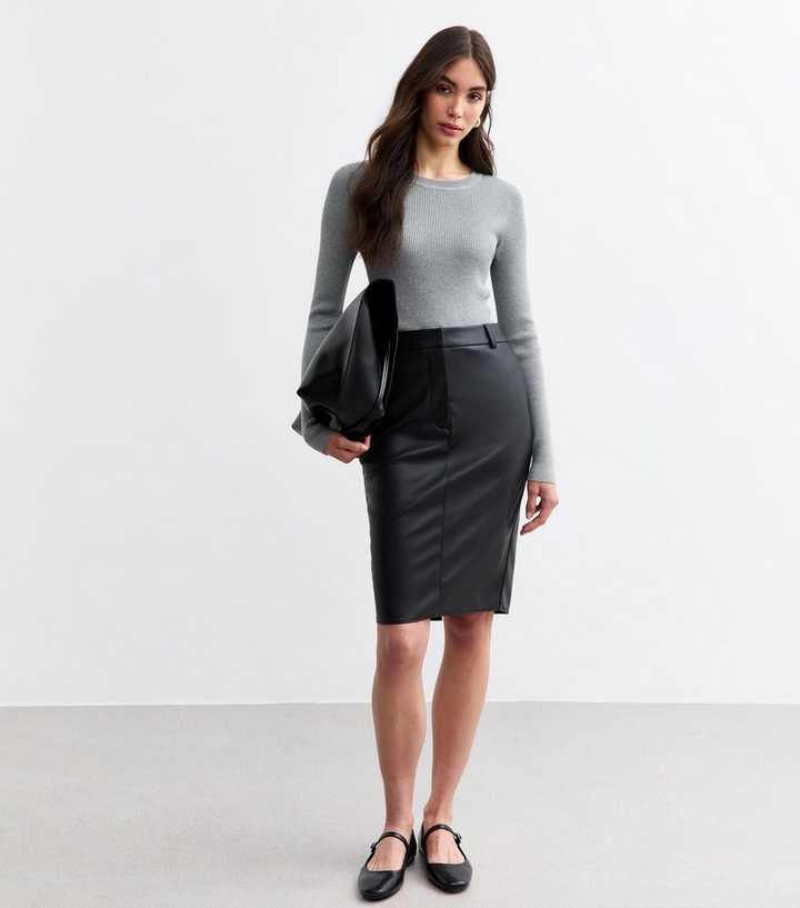 Black Knee Length Leather-Look Skirt Black Knee Length Leather-Look Skirt