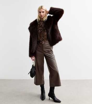 Brown Leather-Look Wide Leg Culotte Trousers