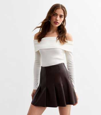 Brown Leather-Look Pleated Mini Skirt 