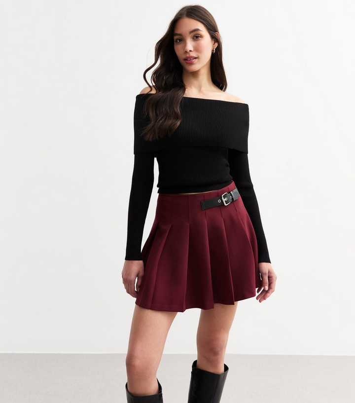 Burgundy Belted Pleated Micro Mini Skirt