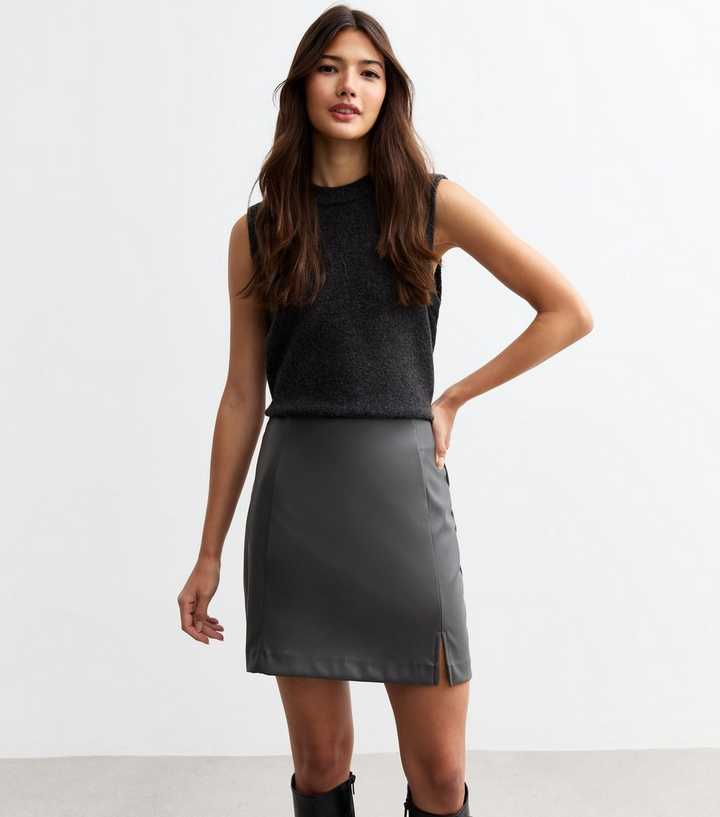 Grey Faux Leather Mini Skirt New Look