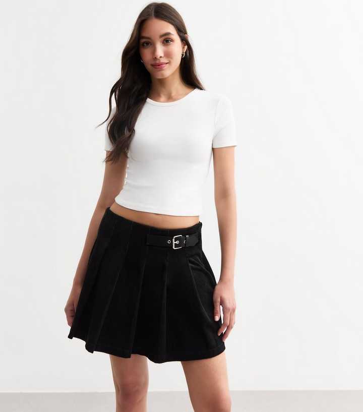 Black Corduroy Belted Pleated Micro Mini Skirt