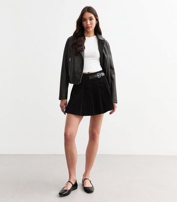 Black Corduroy Belted Pleated Micro Mini Skirt New Look