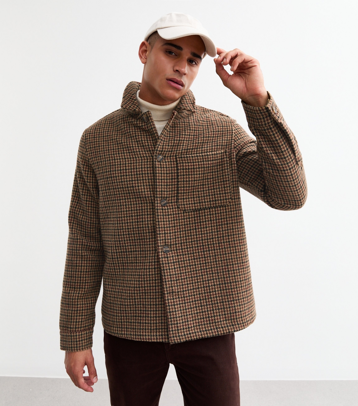 Men's Brown Regular Brushed Patch Pocket Houndstooth Overshirt New Look