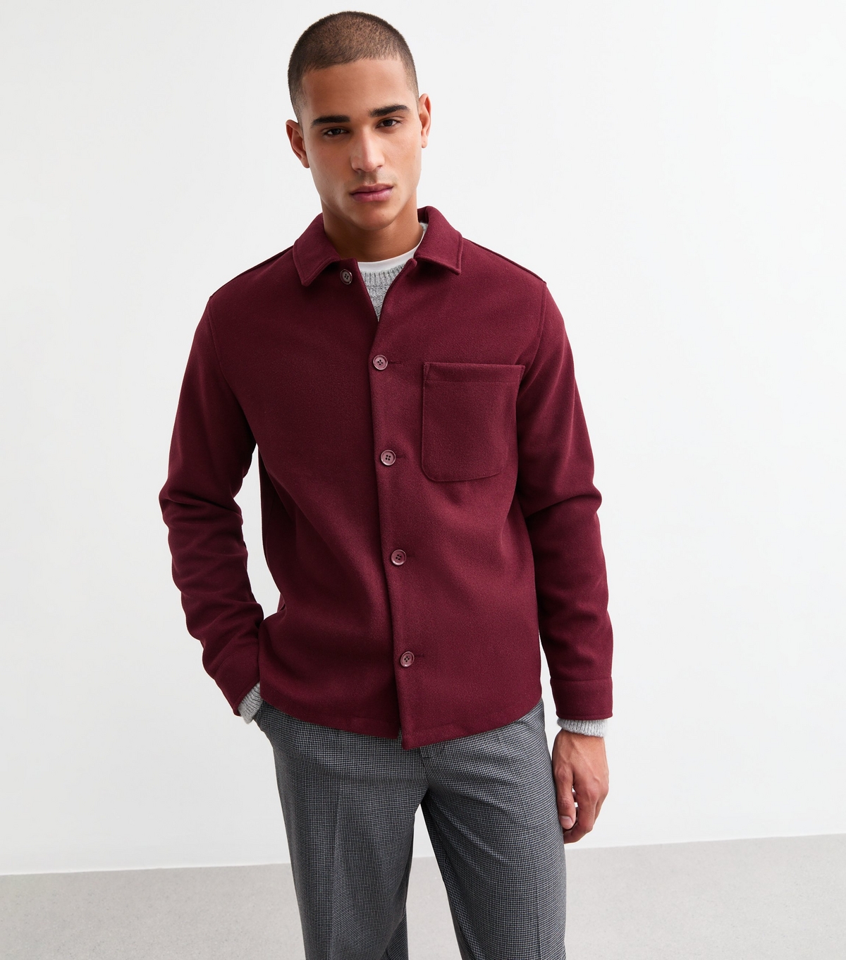 Men's Dark Red Regular Brushed Patch Pocket Overshirt New Look