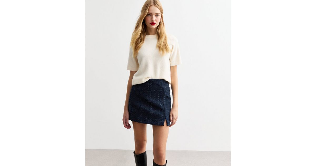 11887 Navy Slit Detailed Midi Skirt