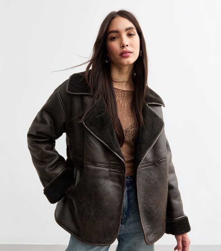 Brown Textured Faux Shearling Jacket