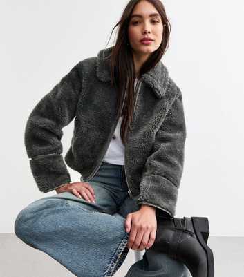 Grey Faux Shearling Bomber Jacket