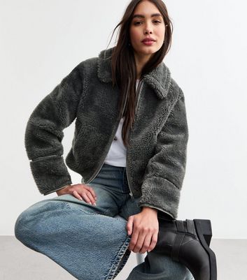 Grey Faux Shearling Bomber Jacket New Look