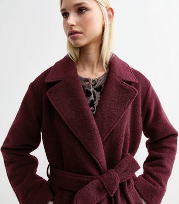 Burgundy Long Belted Coat New Look