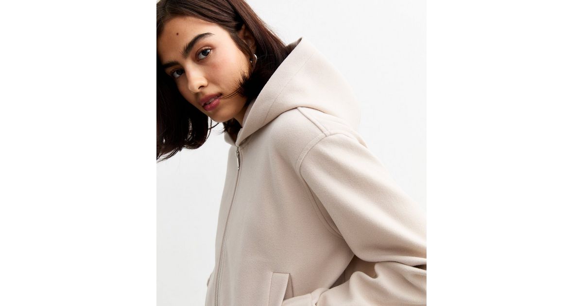 Cream Hooded Cropped Bomber Jacket New Look