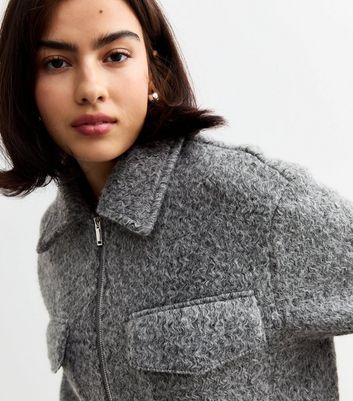 Grey Textured Zip Up Short Jacket New Look