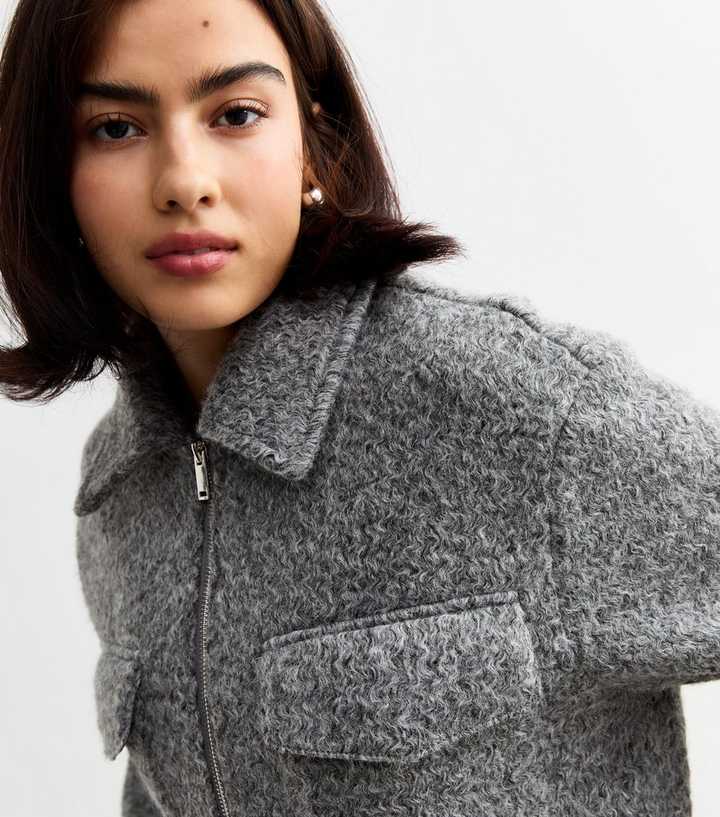 Grey Textured Zip Up Short Jacket