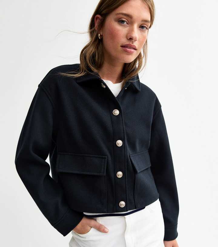 Navy Textured Crop Shacket | New Look