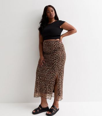 Curves Black Leopard-Print Mesh Midi Skirt | New Look