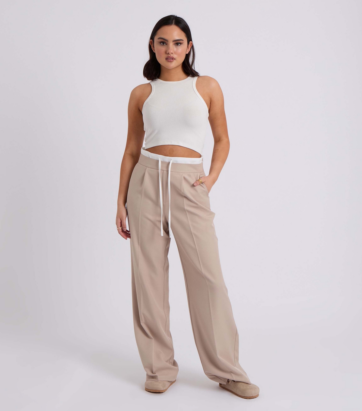 Women's Stone Drawstring Wide Leg Trousers Urban Bliss New Look